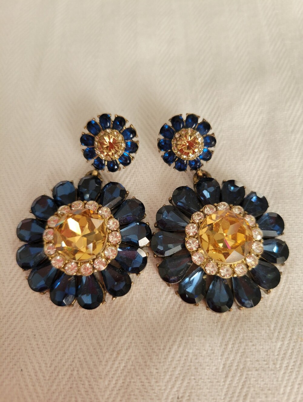 Gold & Navy Crystal Flower Drop Earrings - Women Jewelry